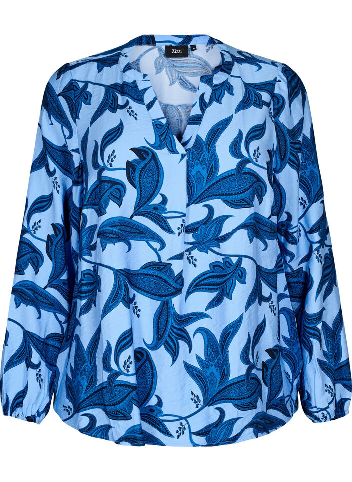 Long-sleeved paisley print blouse with a v-neck, Blue Paisley AOP, Packshot image number 0