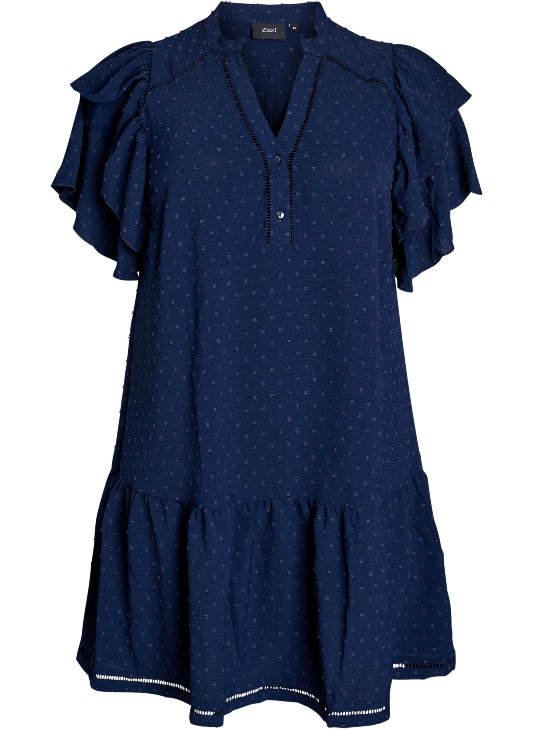 Zizzifashion Short dress with ruffle sleeves and dotted texture, Navy Blazer, Packshot image number 0