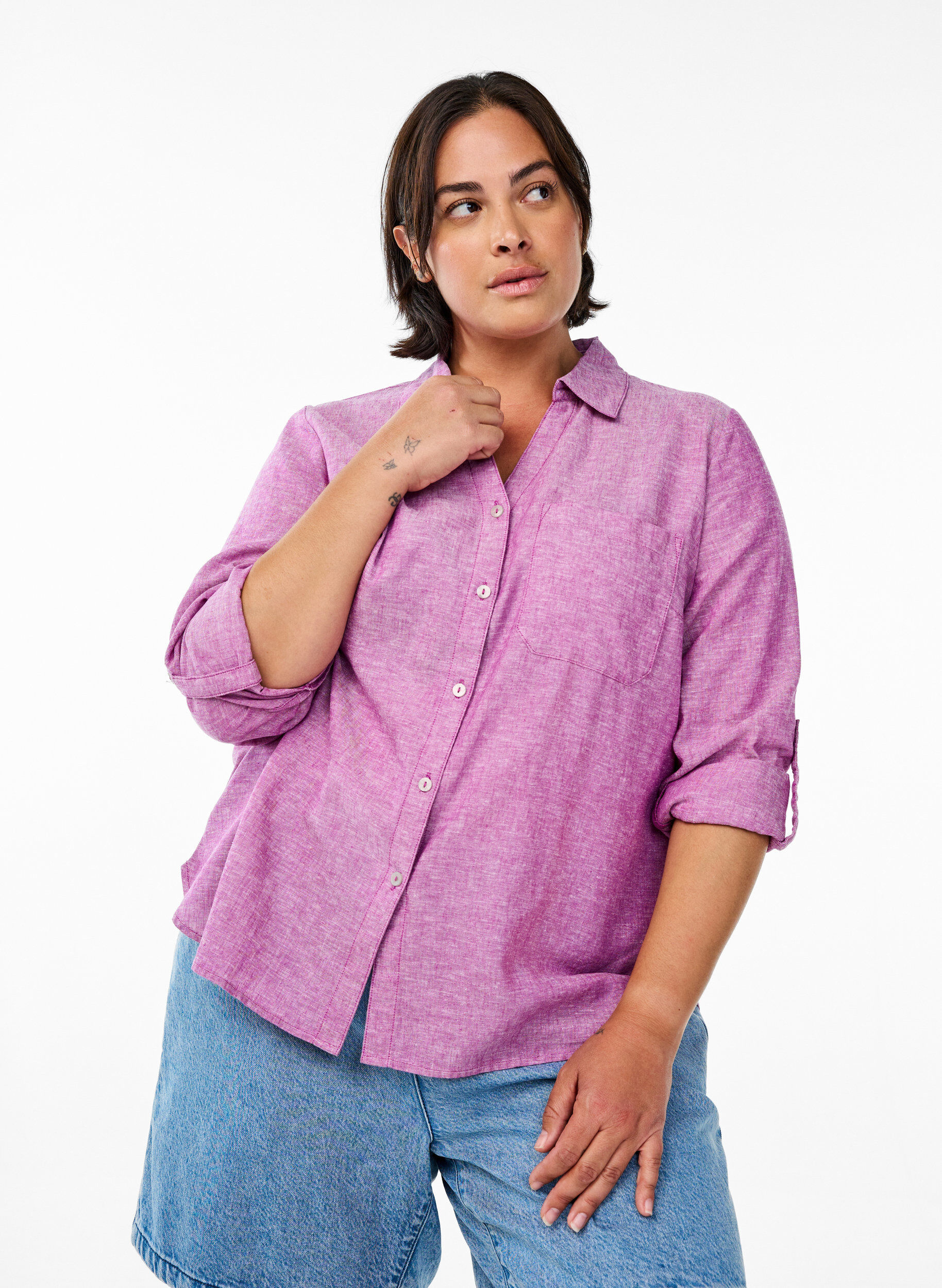 Zizzifashion Shirt in linen and viscose with 3/4 sleeves, Purple, Model image number 0