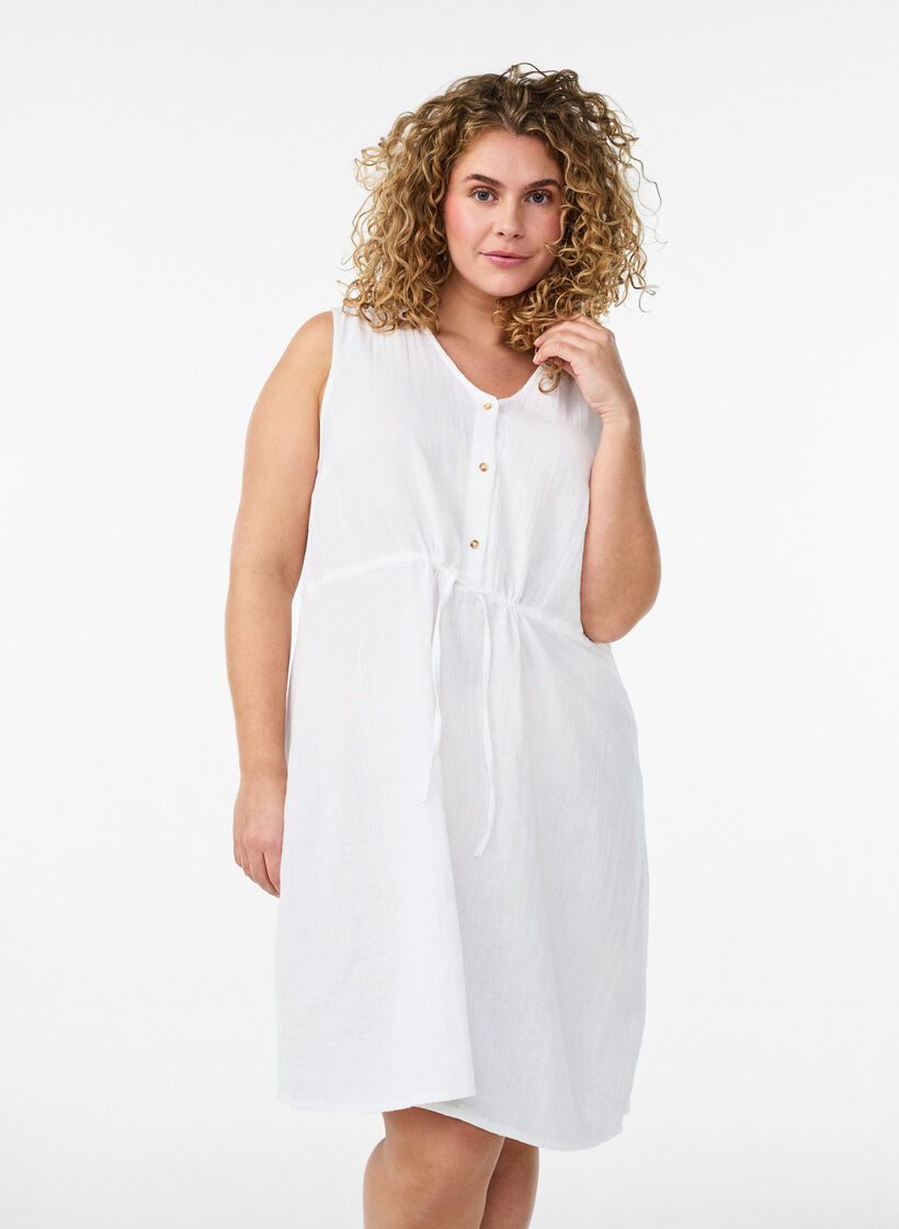 Sleeveless cotton muslin dress with tie string, White, Model image number 0