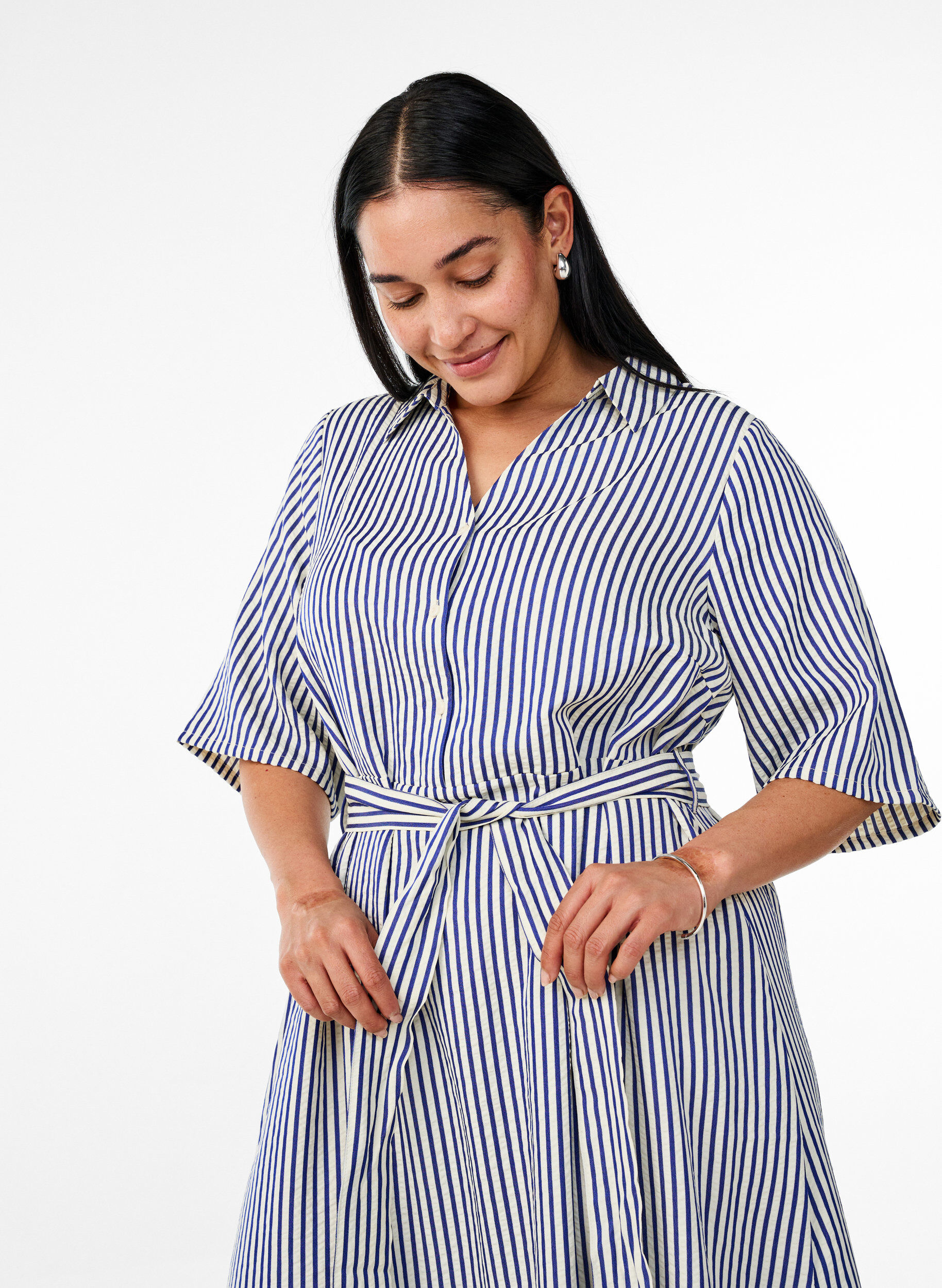 Zizzifashion Ankle-length shirt dress with tie belt and stripes, Blue, Model image number 2