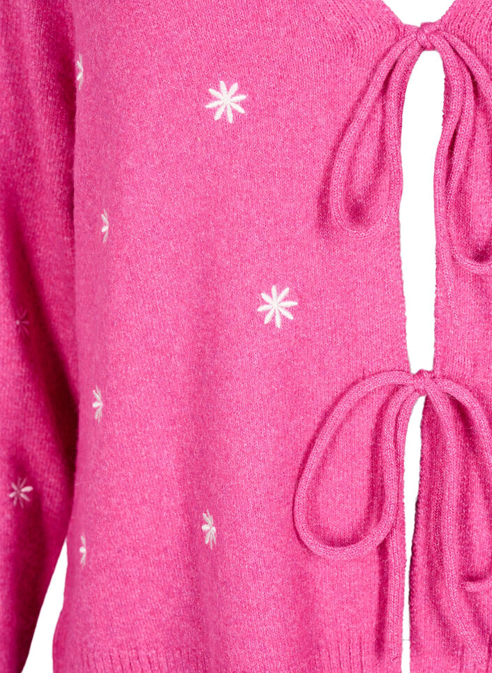 Knitted cardigan with tie details and embroidery, Raspberry Rose Comb, Packshot image number 2