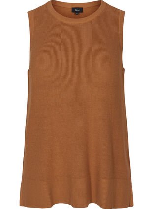 Knitted vest with rounded neckline and slits, Tobacco Brown, Packshot image number 0