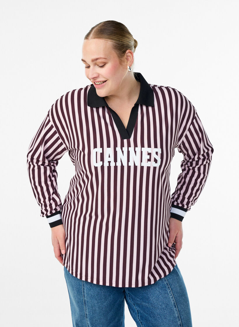 Polo shirt with stripes and text print, Dark Bordeaux, Model image number 0