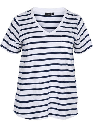 Striped cotton t-shirt with v-neckline, White Navy B Stripe, Packshot image number 0