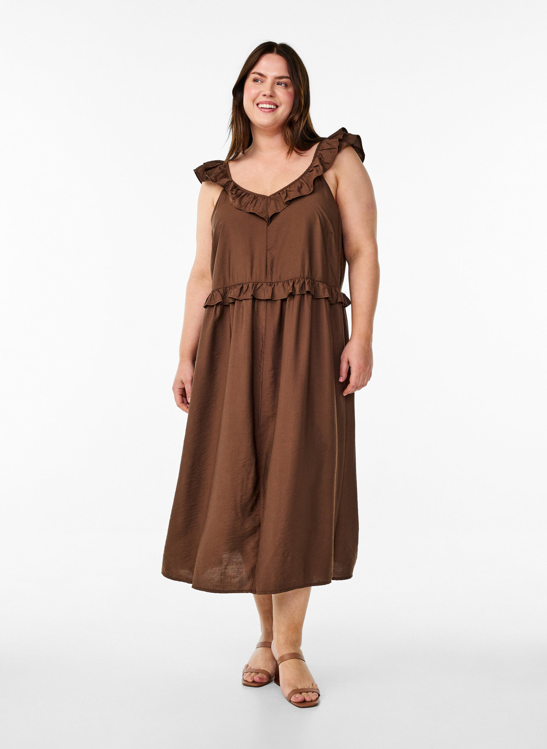 Sleeveless midi dress with ruffle details, Brown, Model