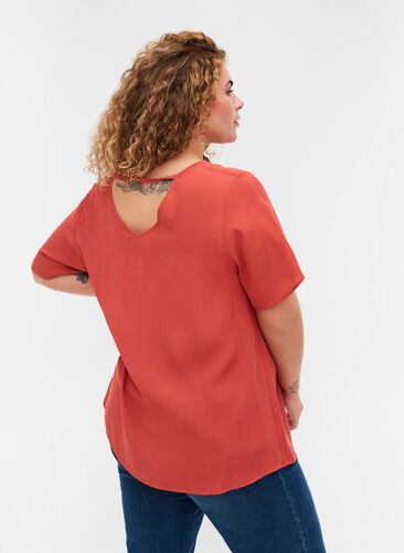 Short-sleeved viscose blouse with V-neckline  , Hot Sauce, Model image number 1