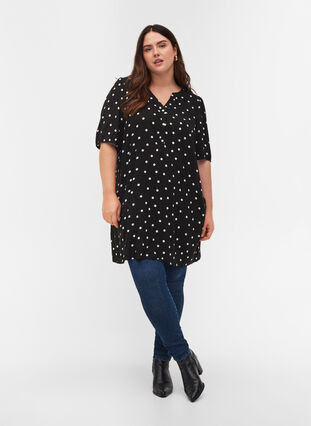 Short-sleeved viscose tunic with dots, Black Dot, Model image number 2