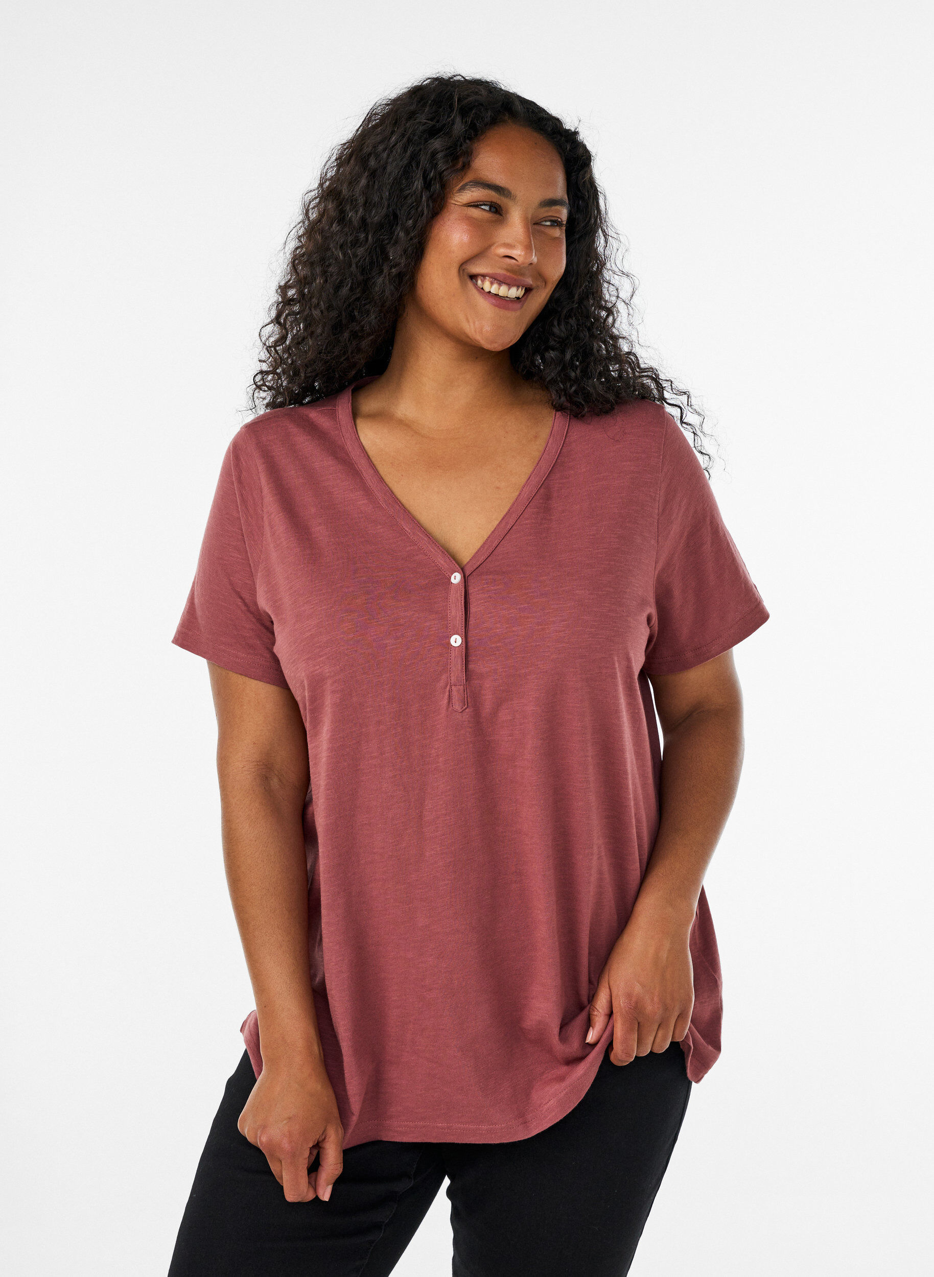 T-shirt with button detail, Brown, Model