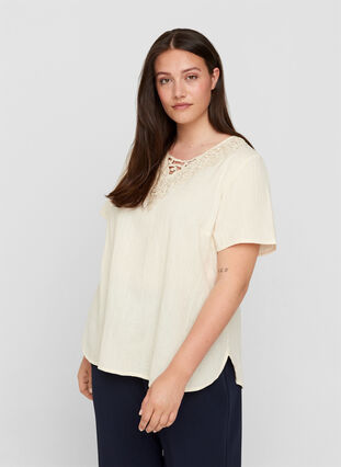 Short-sleeved blouse with a v-neck and embroidery, Beige As Sample, Model image number 0