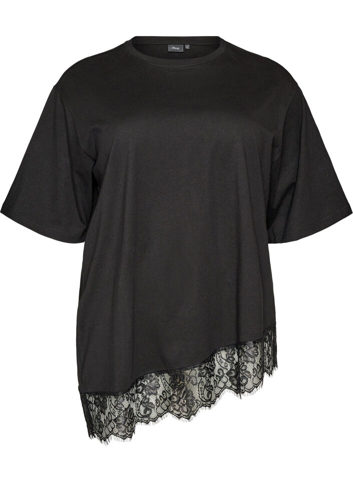 T-shirt with asymmetric lace hem, Black, Packshot image number 0