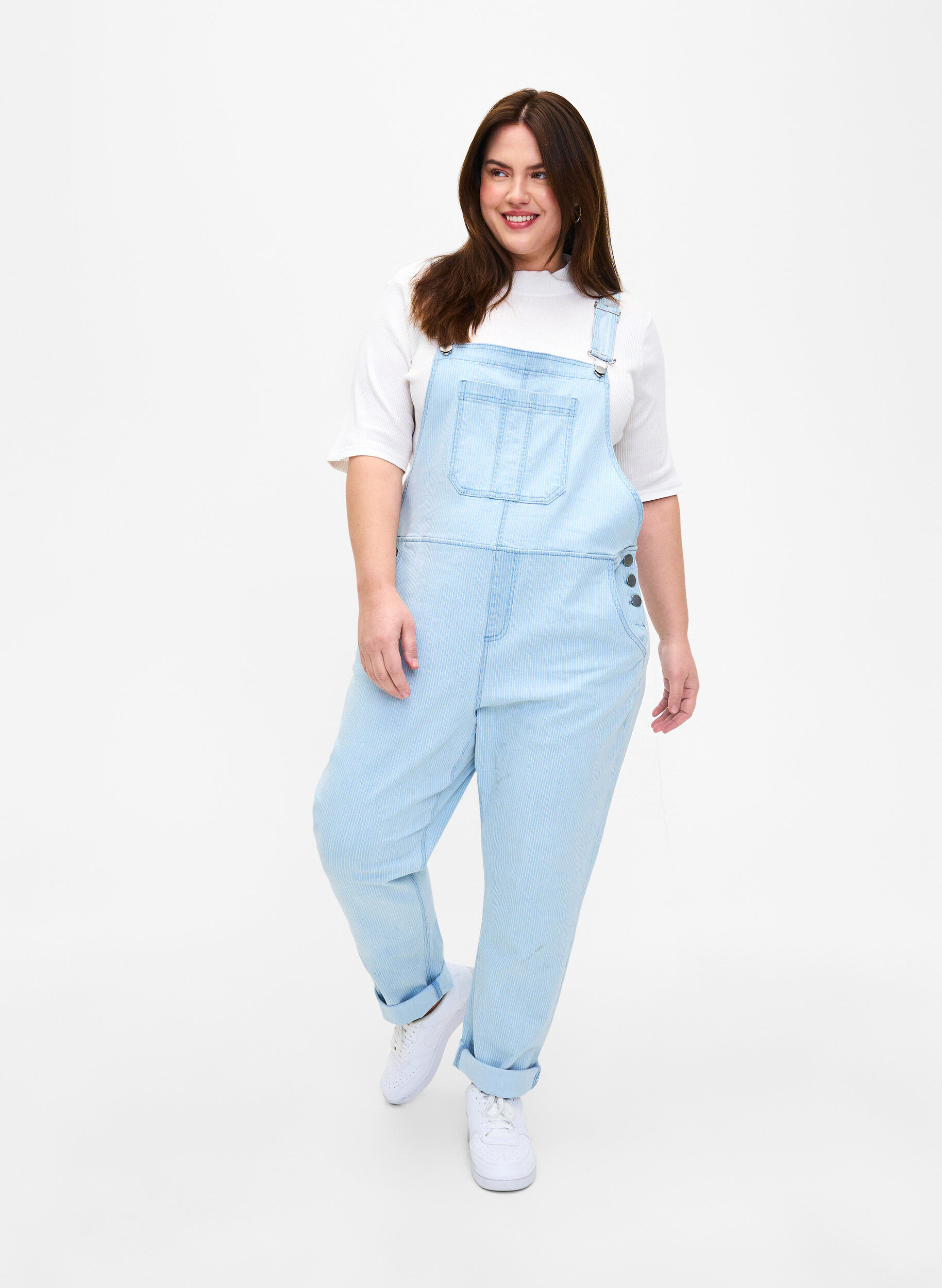 Striped denim overalls, Light Blue, Model