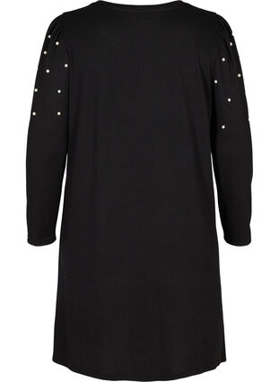 Dress with long puff sleeves and pearls, Black, Packshot image number 1