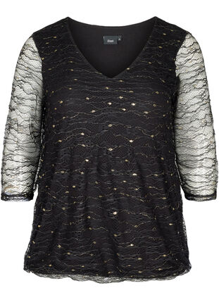 V-neck lace blouse , Black w Gold, Packshot image number 0