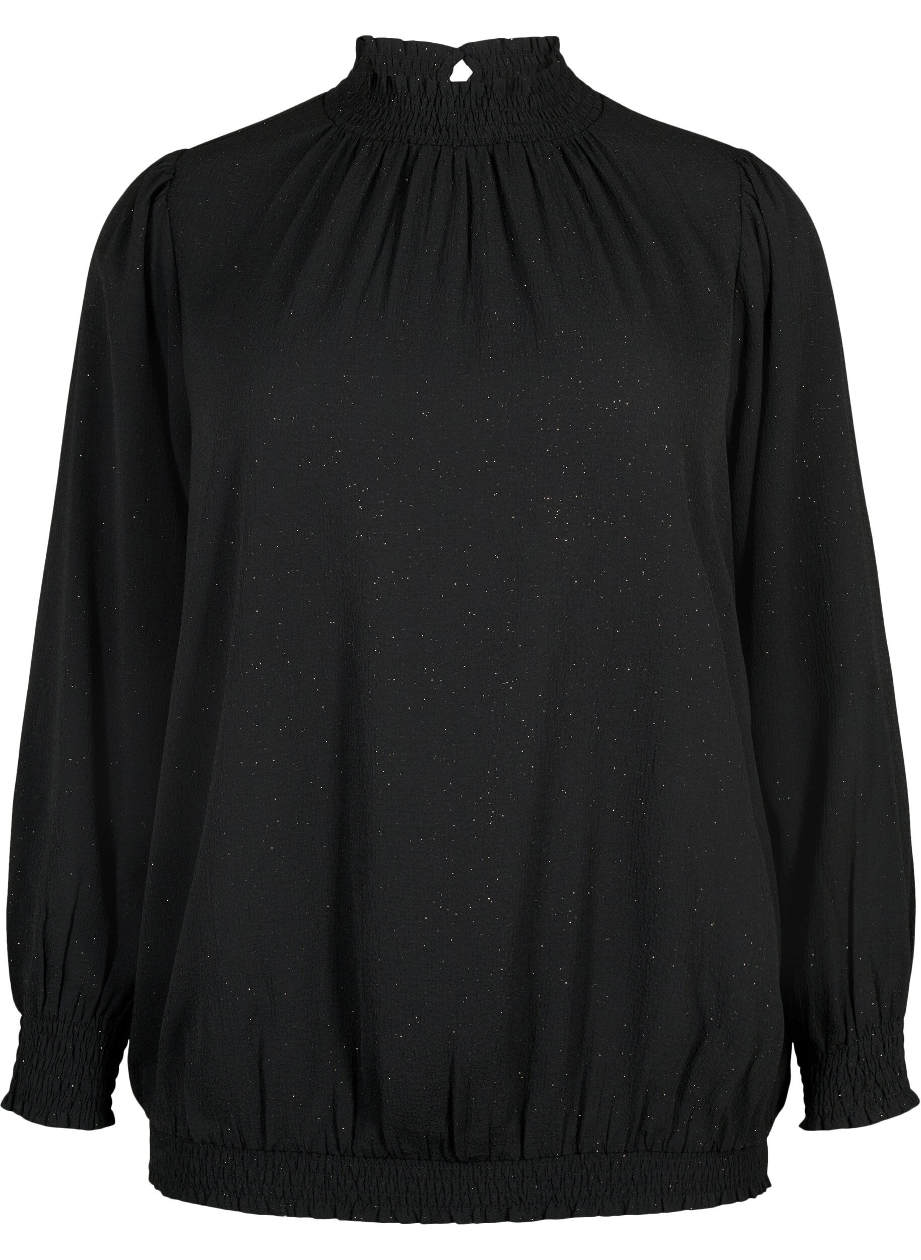 Zizzifashion FLASH - Long sleeved blouse with smock and glitter	, Black w. Silver, Packshot image number 0