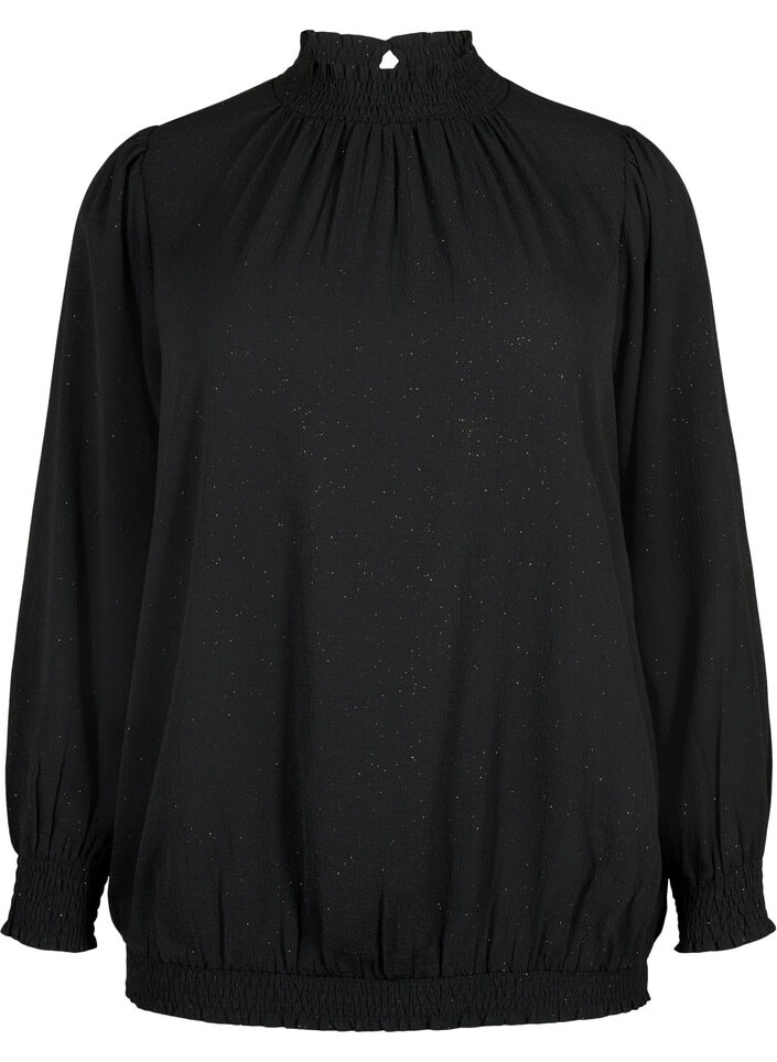 FLASH - Long sleeved blouse with smock and glitter	, Black w. Silver, Packshot image number 0