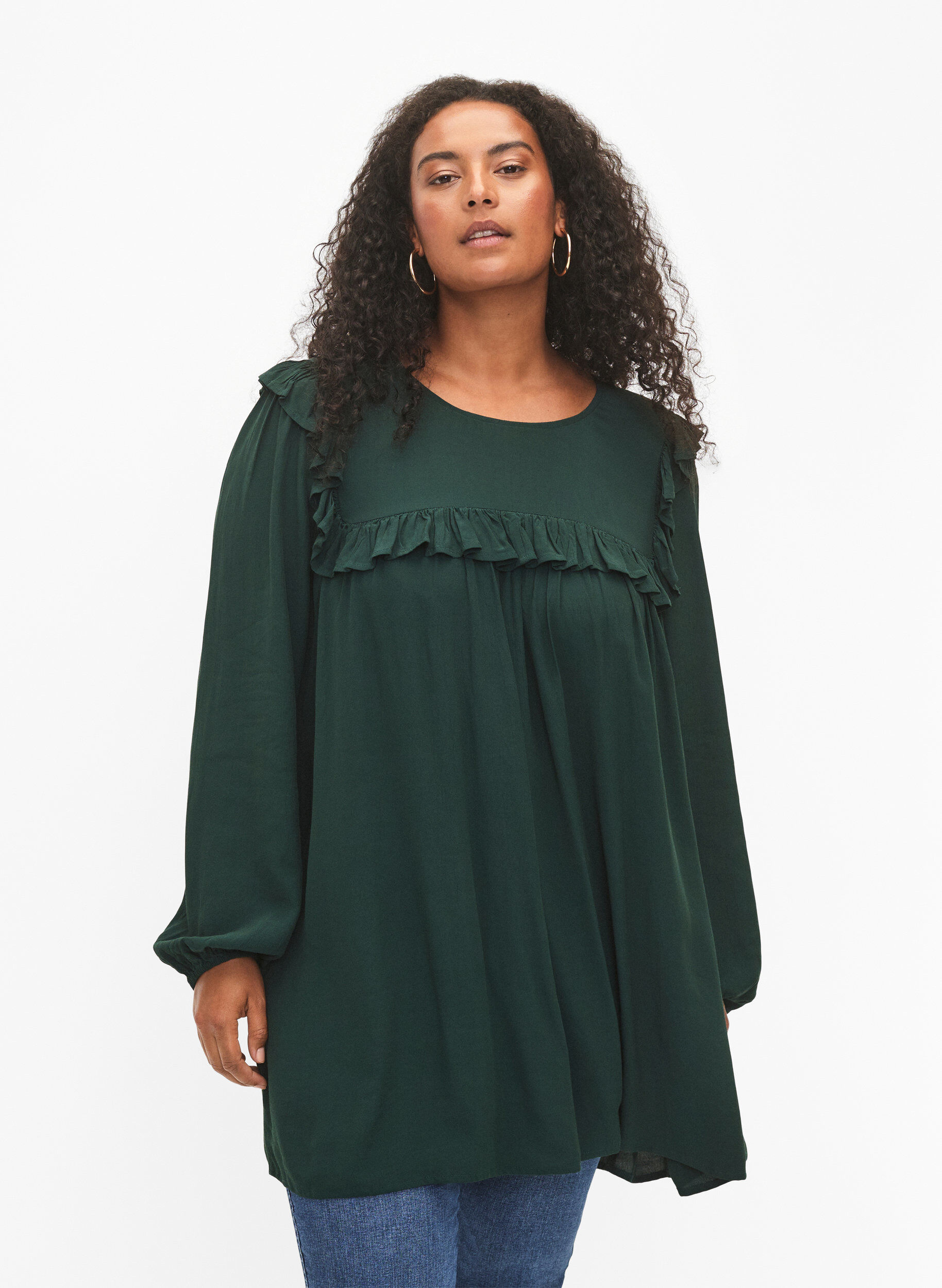 Zizzifashion Viscose tunic with ruffles, Scarab, Model image number 0