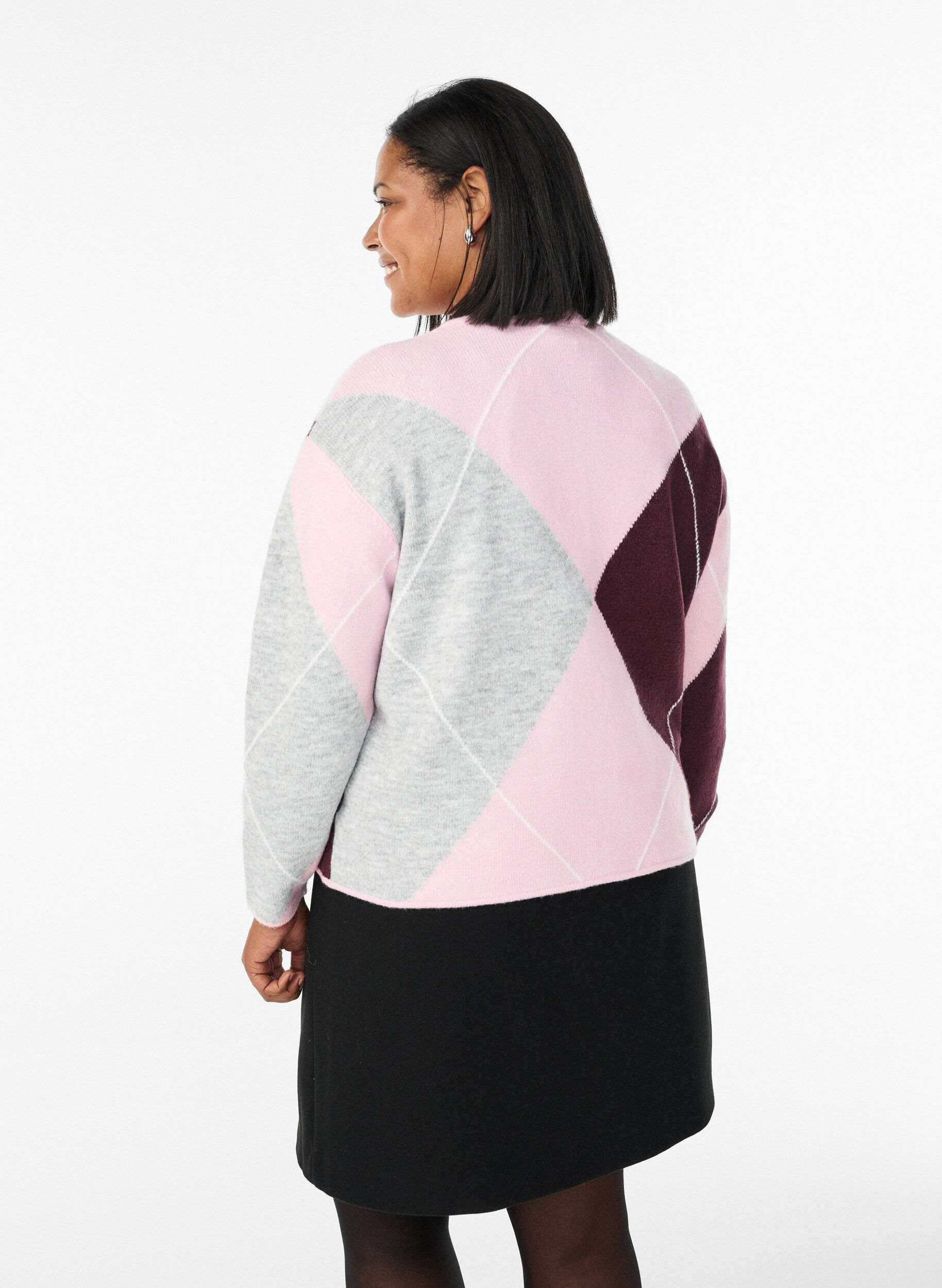Zizzifashion Cardigan with argyle pattern and round neck, Rose, Model image number 2