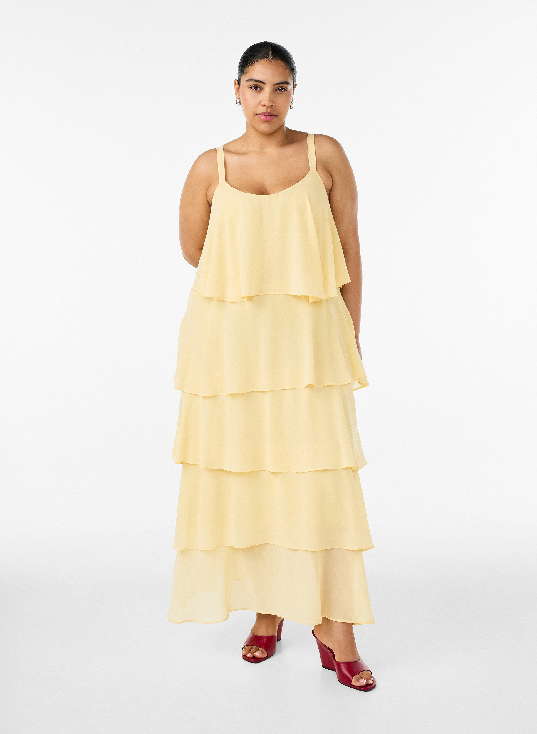 Zizzifashion Maxi dress with ruffle layers and detachable cape, Yellow, Model image number 0