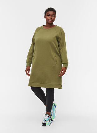 Sweat dress with pockets and slits, Olive Drab, Model image number 2