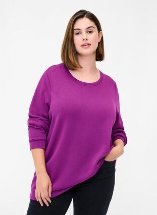 Sweat blouse with round neck and long sleeves, Dark Purple, Model image number 0