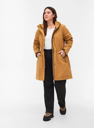 Long, hooded softshell jacket, Golden Brown Mel., Model image number 2