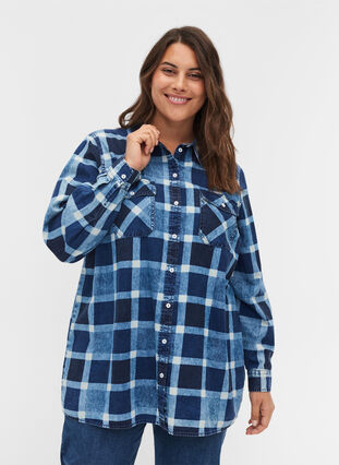 Checked cotton shirt with chest pockets, Blue/Black Check, Model image number 0