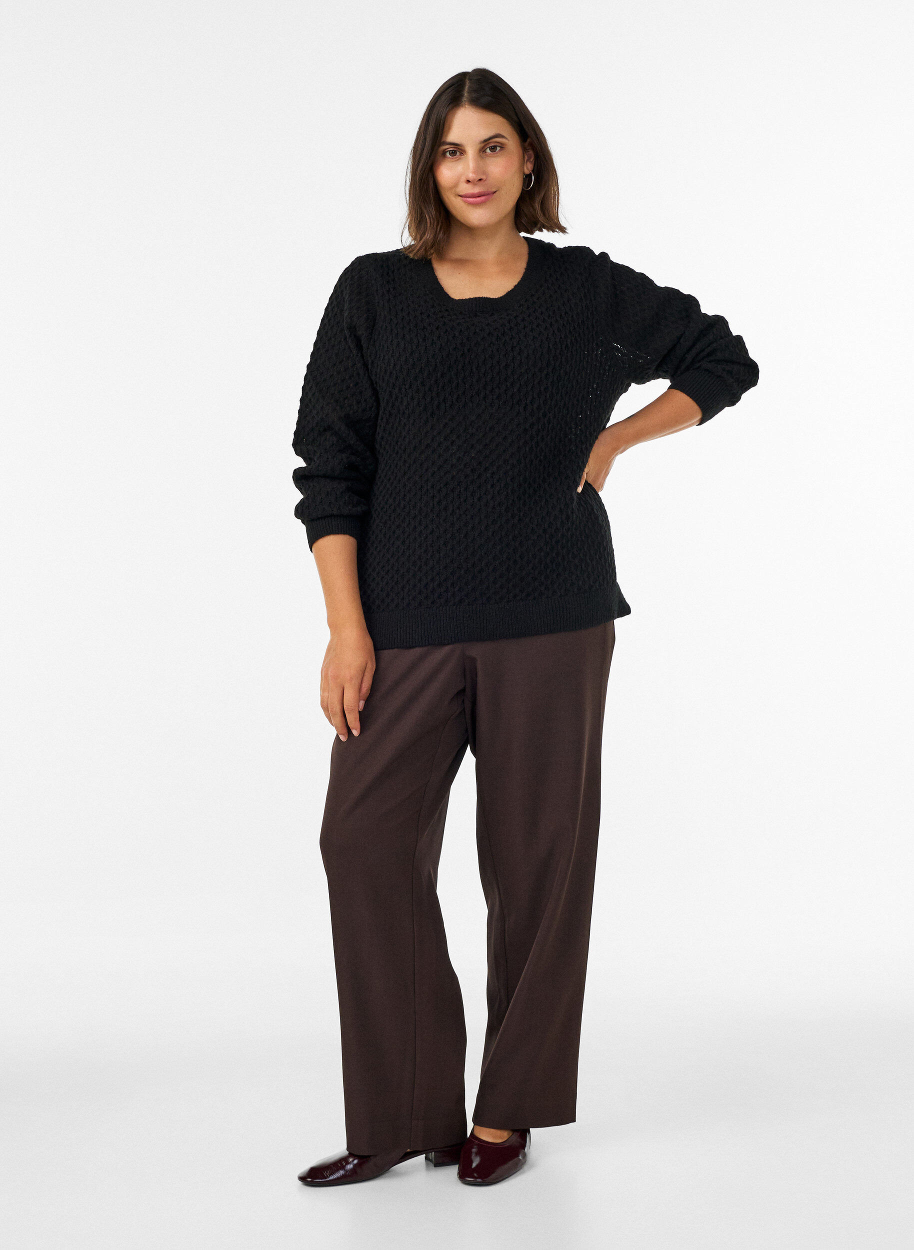 ZizzifashionKnitted blouse with a textured openwork pattern, Black, Model image number 1