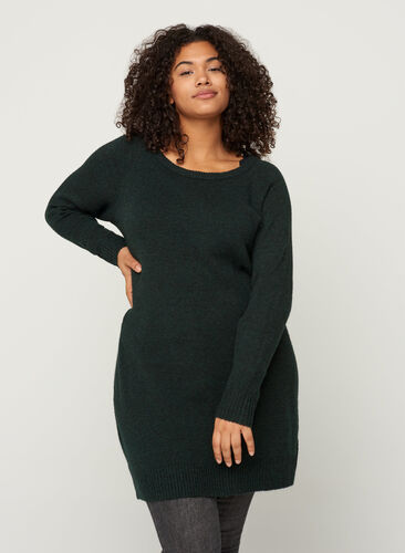 Long-sleeved knitted dress with a round neck, Darkest Spruce Mel, Model image number 0