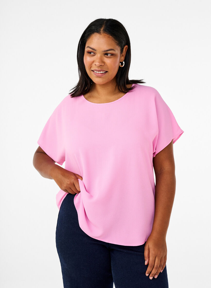 Blouse with short sleeves and a round neckline, Pink, Model image number 0