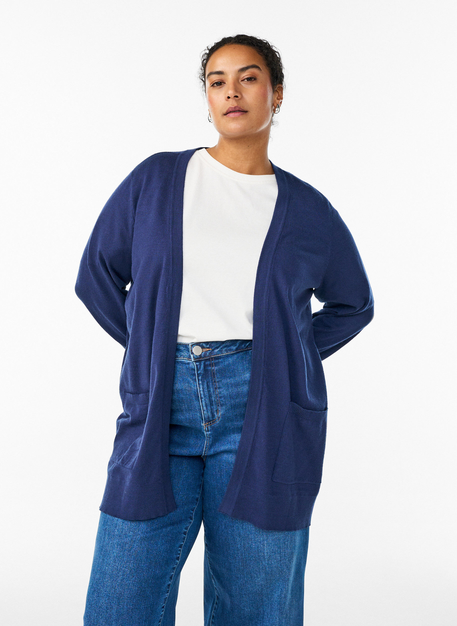 Long open-front knit cardigan with pockets, Blue, Model