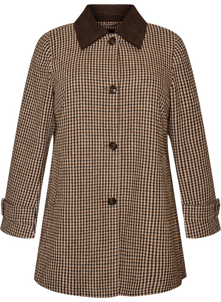 Checked coat with corduroy collar, Brown, Packshot image number 0