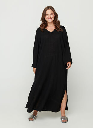 Long-sleeved cotton maxi dress, Black, Model image number 2
