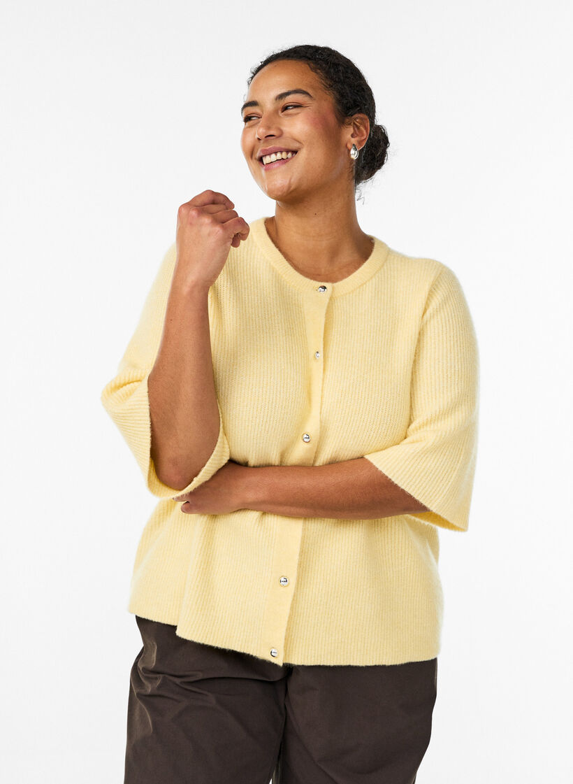 Short-sleeved knit cardigan with shiny ball buttons, Yellow, Model image number 0
