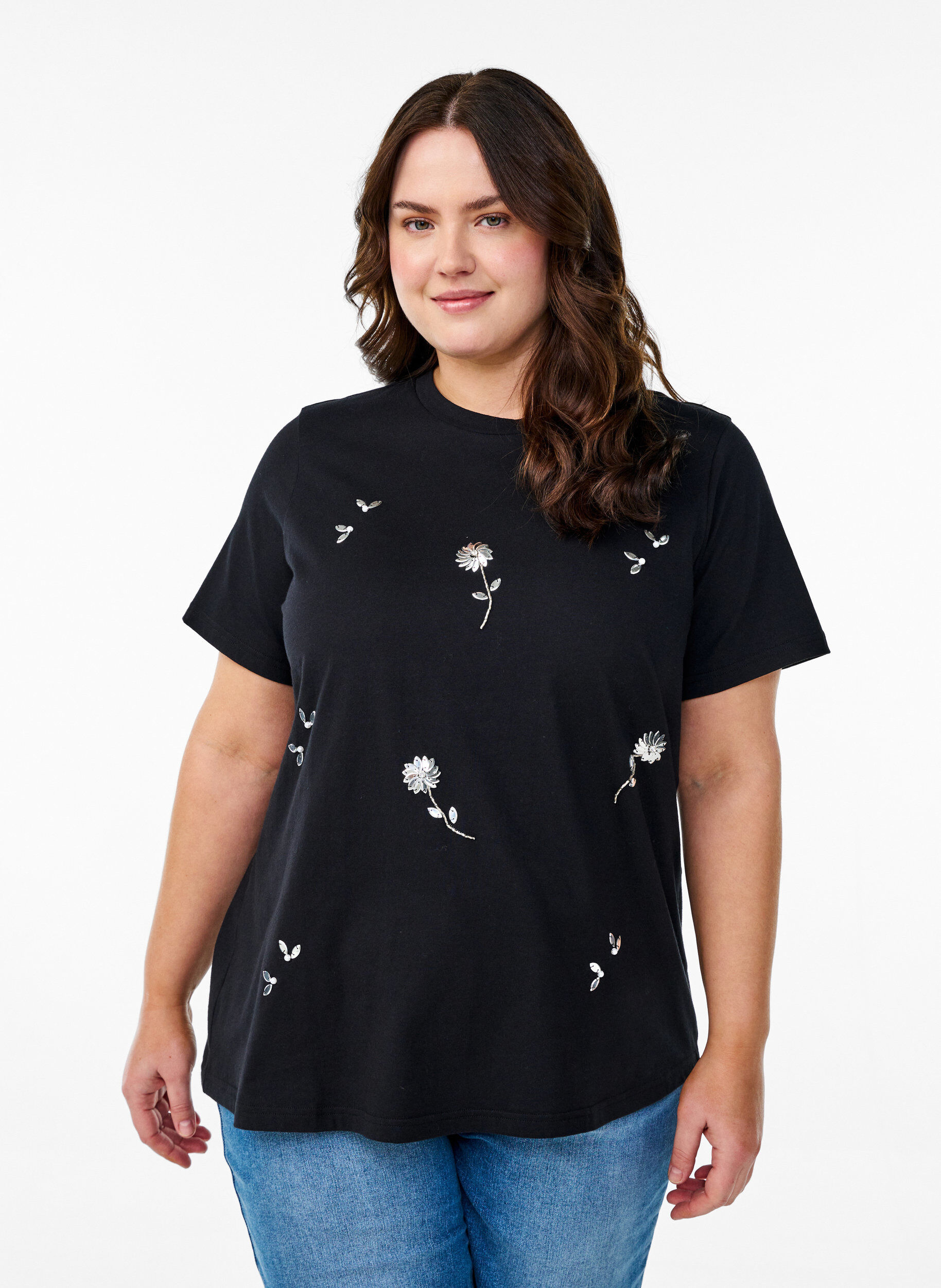 Zizzifashion T-shirt with sequin flowers, Black, Model image number 0