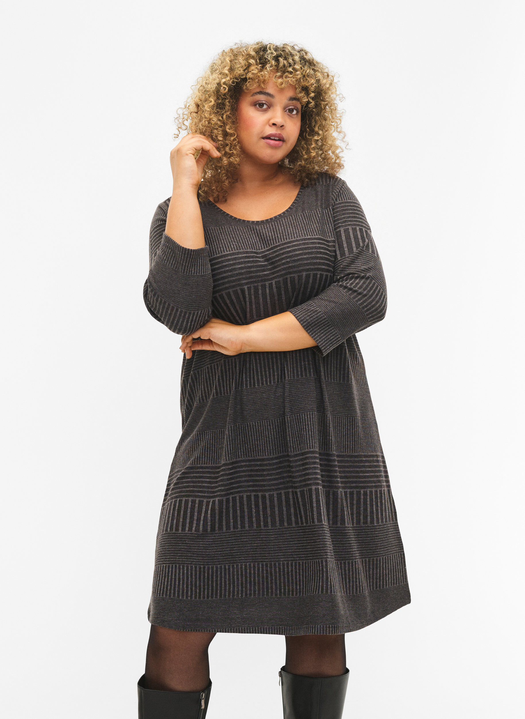 Zizzifashion Dress with 3/4 sleeves and striped pattern, Dark Grey M&eacute;lange, Model image number 0