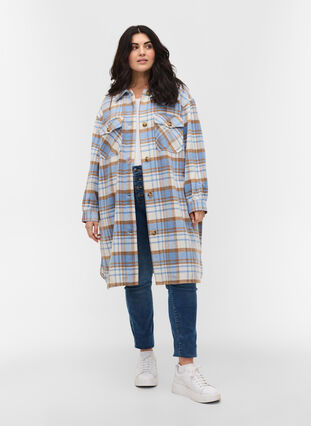 Long checked shirt jacket with chest pockets, Serenity Check, Model image number 2