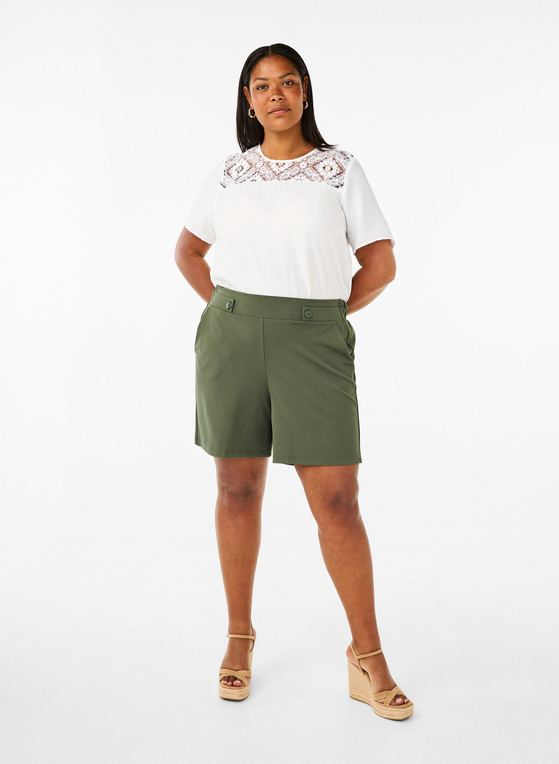 Zizzifashion Short-sleeved viscose blouse with lace detail, Bright White, Model image number 3