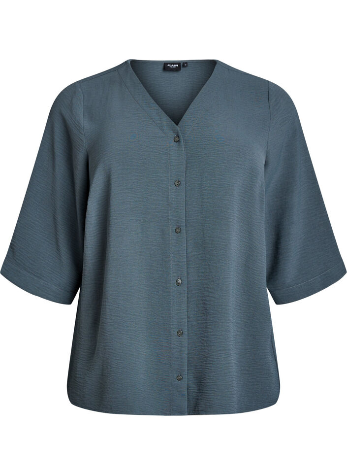 Shirt Blouse with V-Neck and 3/4 Sleeves, Green, Packshot image number 0