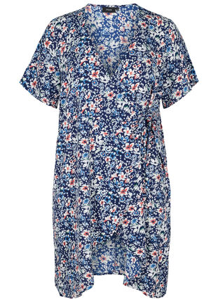 Short-sleeved wrap dress, Blue Flower AOP, Packshot image number 0
