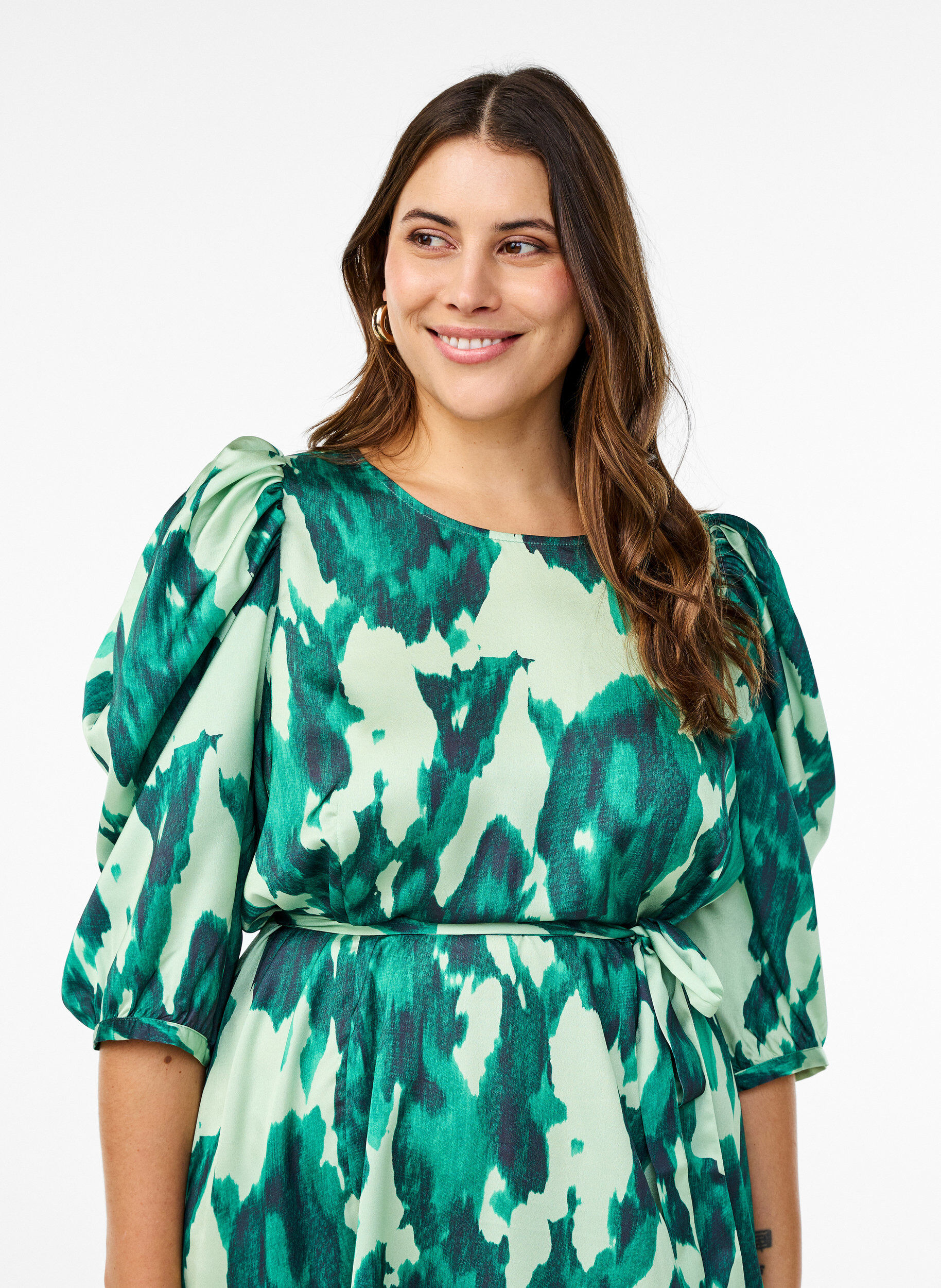 Zizzifashion Short-sleeved party dress with tie belt, Green, Model image number 2