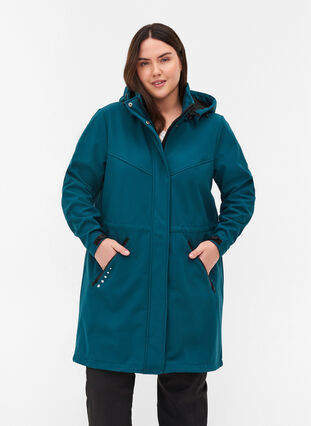 Long, hooded softshell jacket, Blue Coral solid, Model image number 0