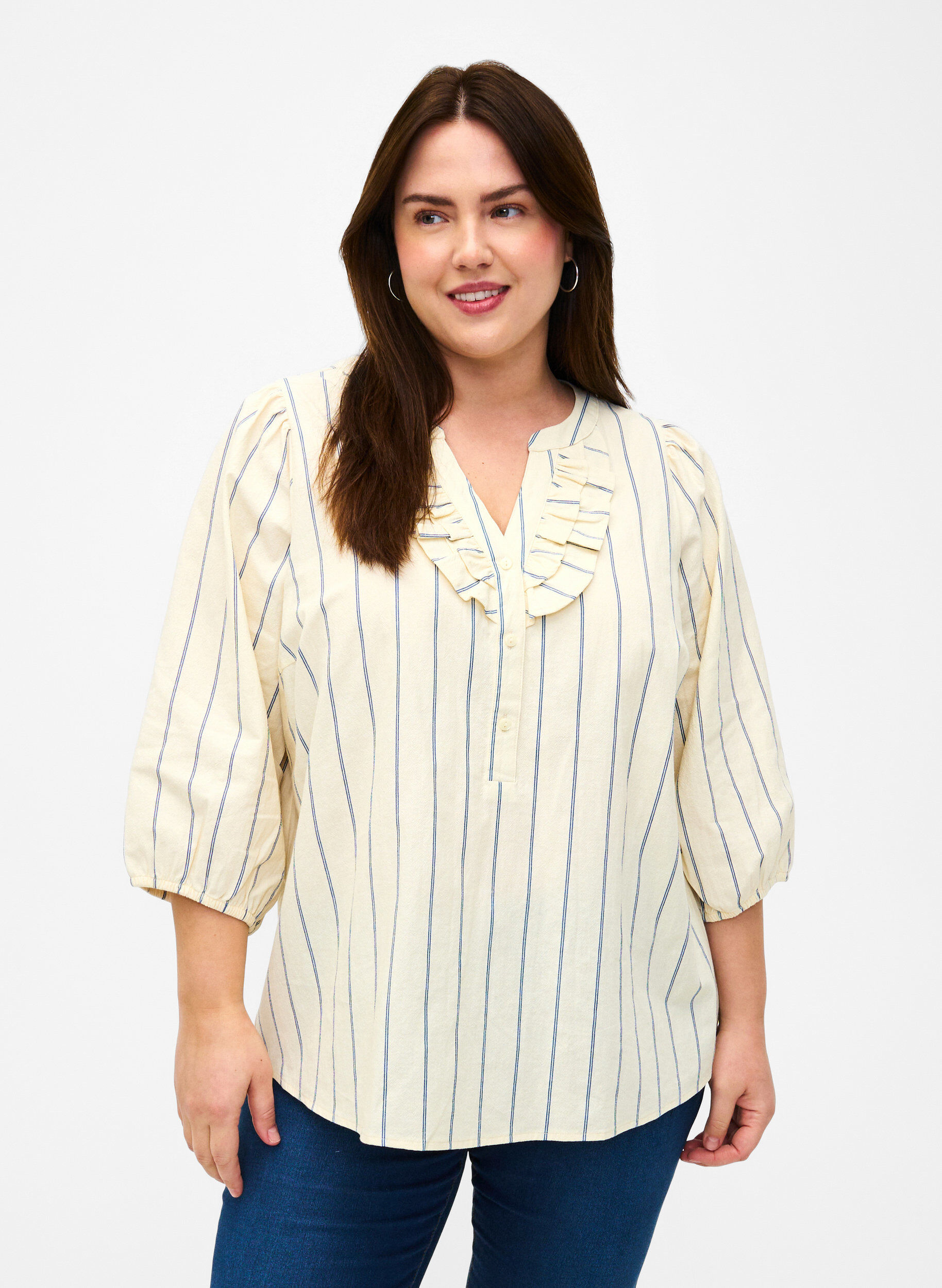 Zizzifashion 3/4 sleeve cotton Blouse with stripes, Eggnog Stripe, Model image number 0