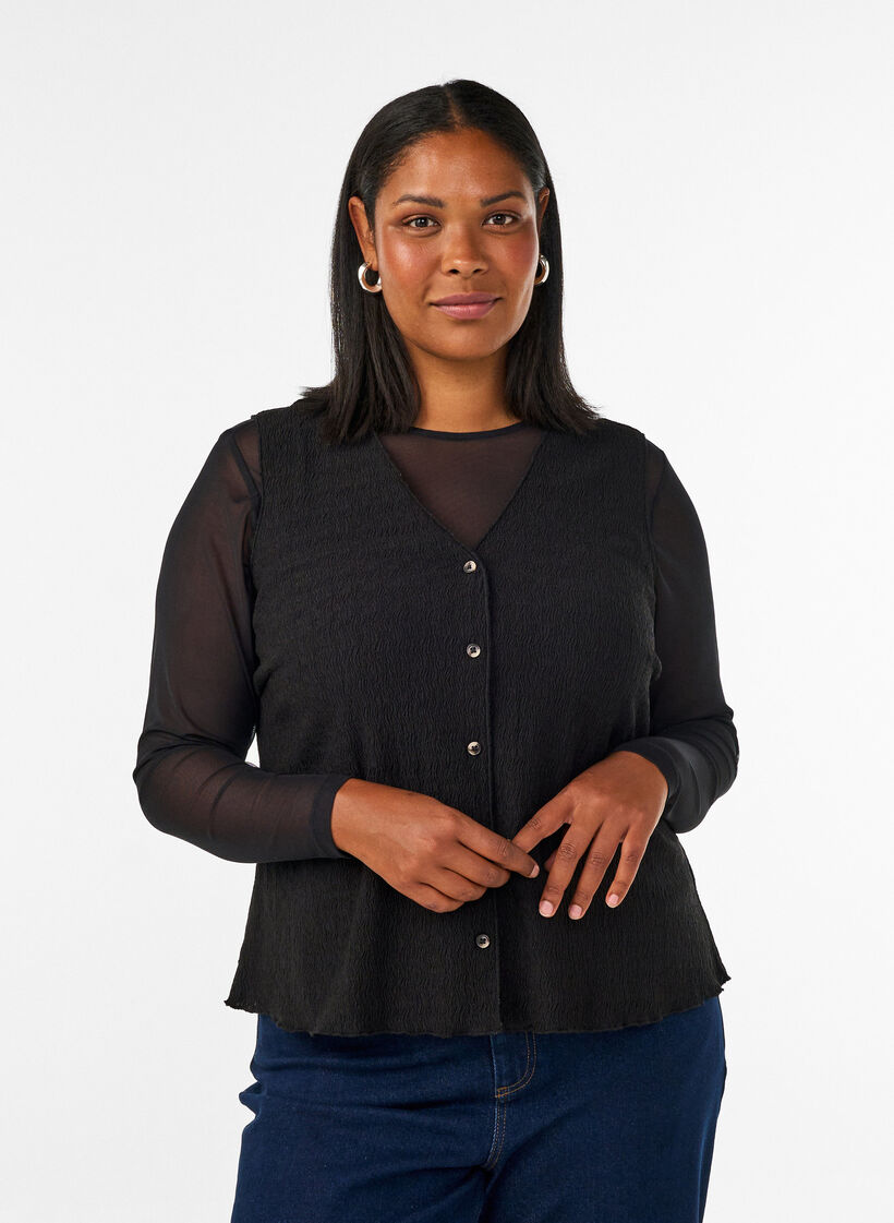 Sleeveless top with a wavy texture and button fastening, Black, Model image number 0
