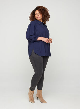 Viscose shirt with 3/4-length puff sleeves, Navy Blazer, Model image number 2