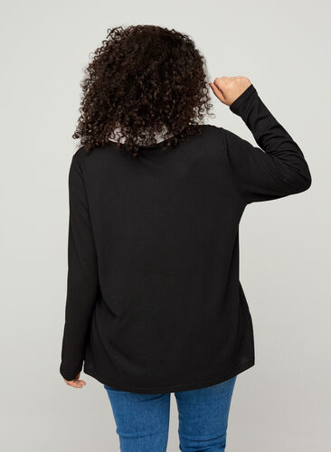 Plain-coloured blouse with long sleeves and collar, Black, Model image number 1