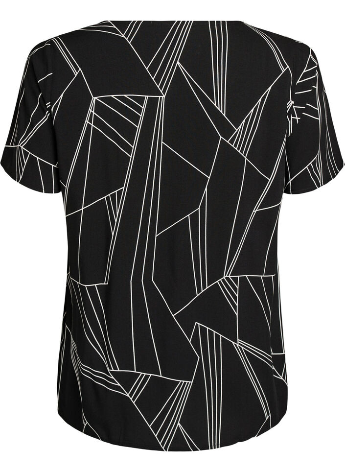 Short sleeve viscose blouse with print, Black, Packshot image number 1