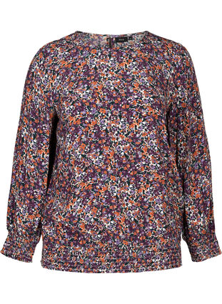 Viscose blouse with smocking and a floral print, Purple FLower AOP, Packshot image number 0