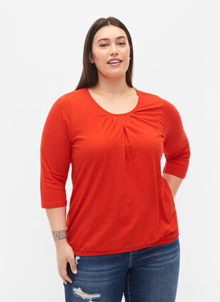 Cotton top with 3/4 sleeves, Fiery Red, Model image number 0