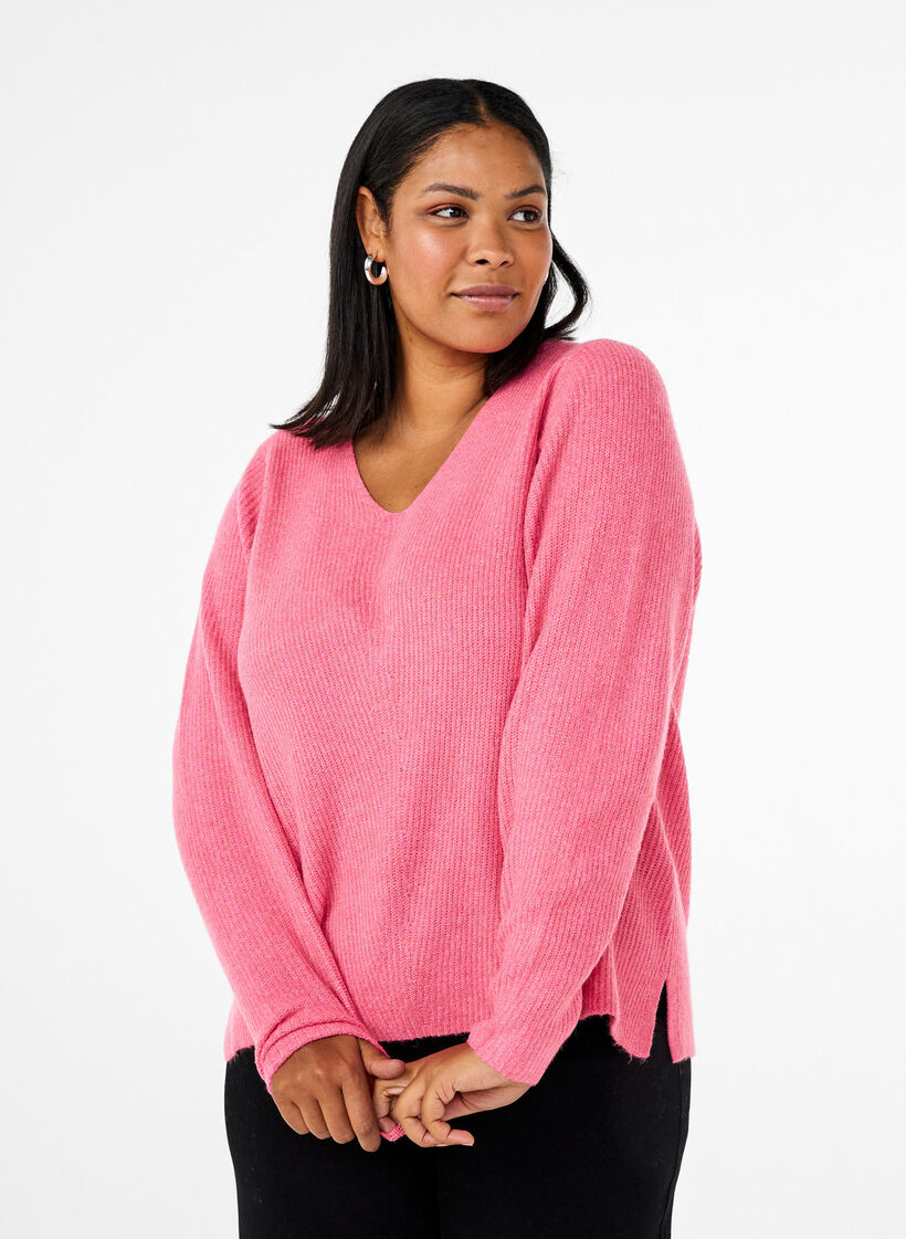 Knitted blouse with v-neck and long sleeves, Bubblegum Wh. Mel., Model image number 0